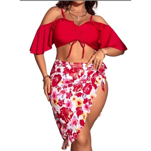 Shenhe Women Plus Size 3 Piece Ruffle Cold Shoulder Bikini Set W/cover Up Red 4X - Picture 1 of 8
